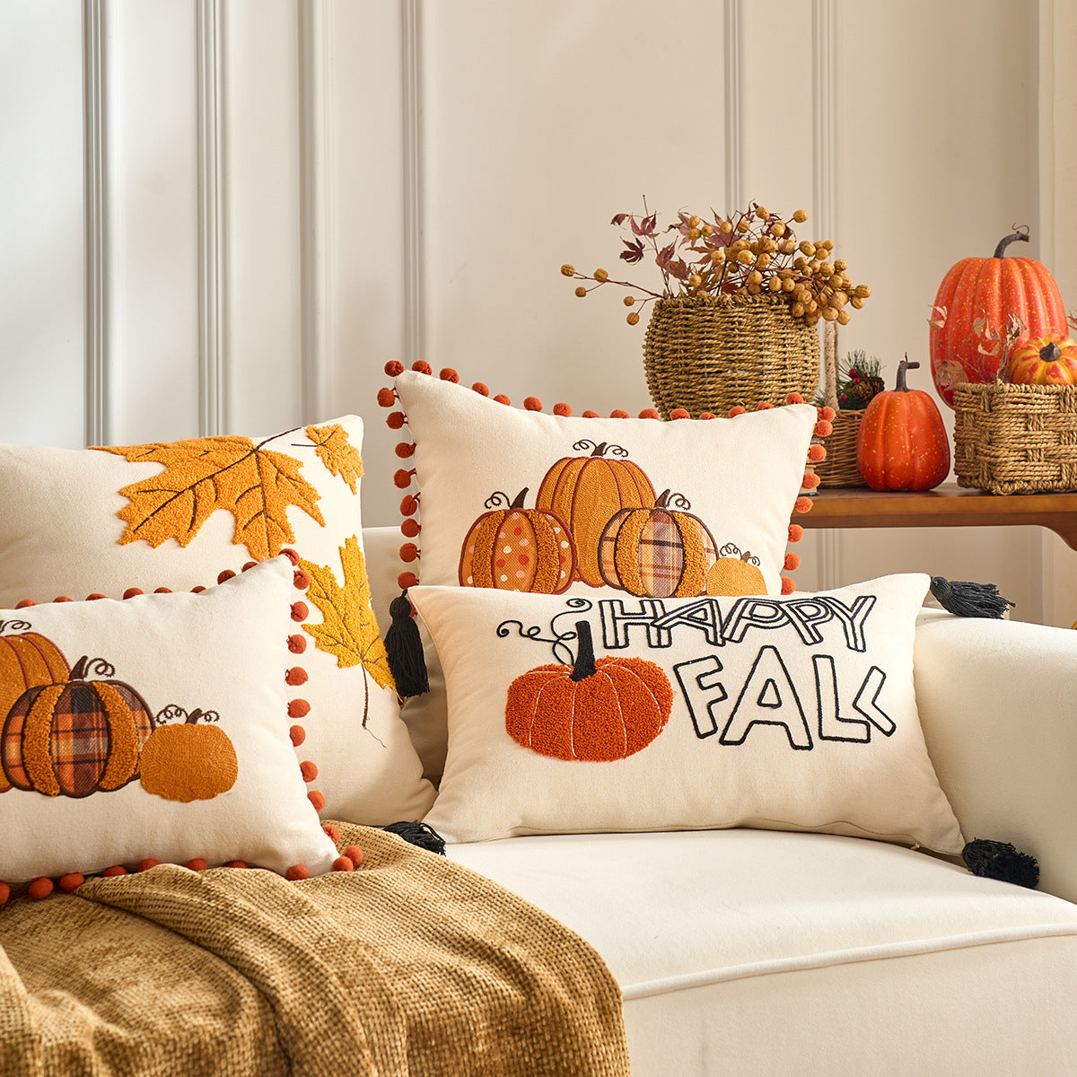 Autumn Pumpkin & Maple Leaf Pillow Covers