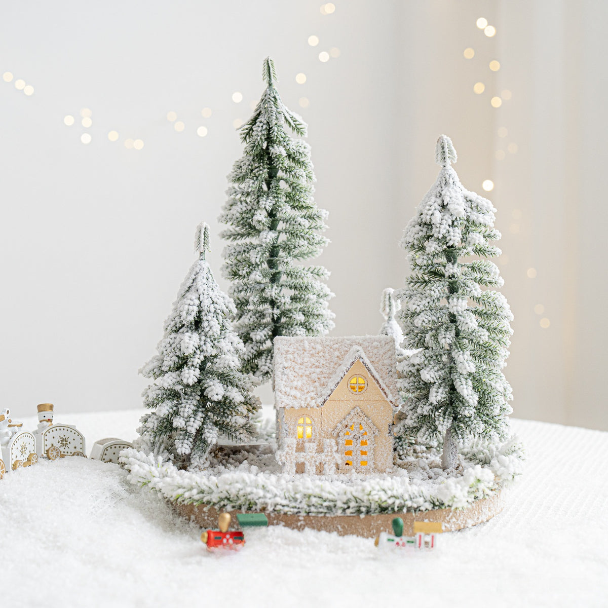 Flocked Christmas Tree Village Set with LED Lights