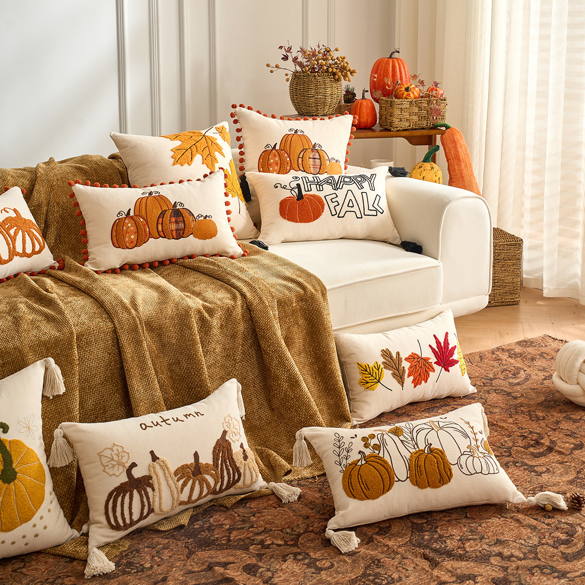 Autumn Pumpkin & Maple Leaf Pillow Covers