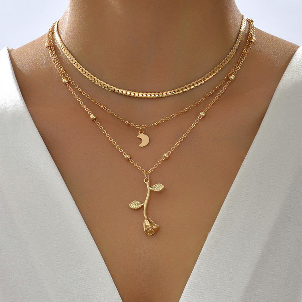 Layered Rose and Moon Necklace