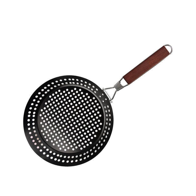 Round Grill Pan with Folding Wooden Handle