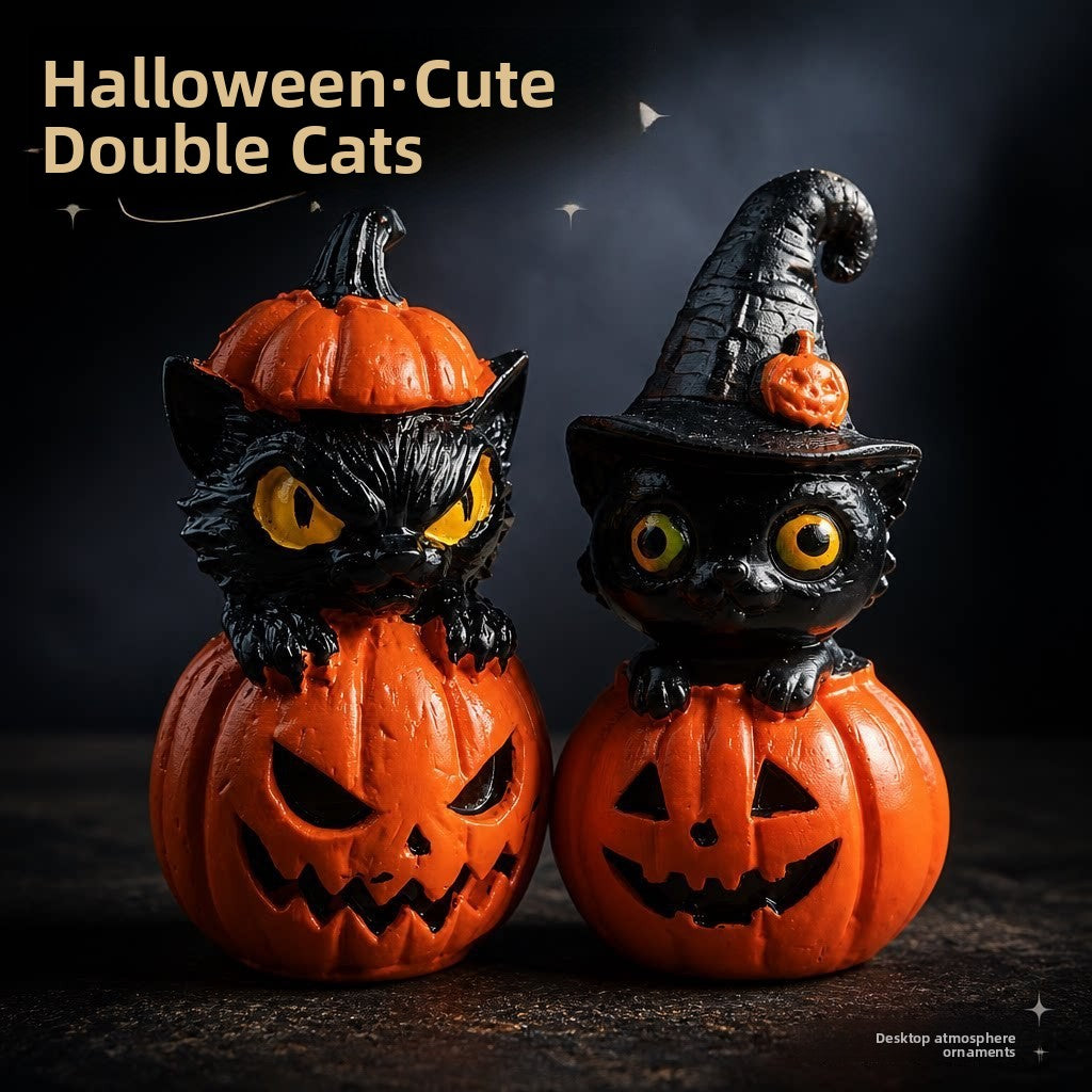 Halloween Witch & Pumpkin Hat Cat Figurines
