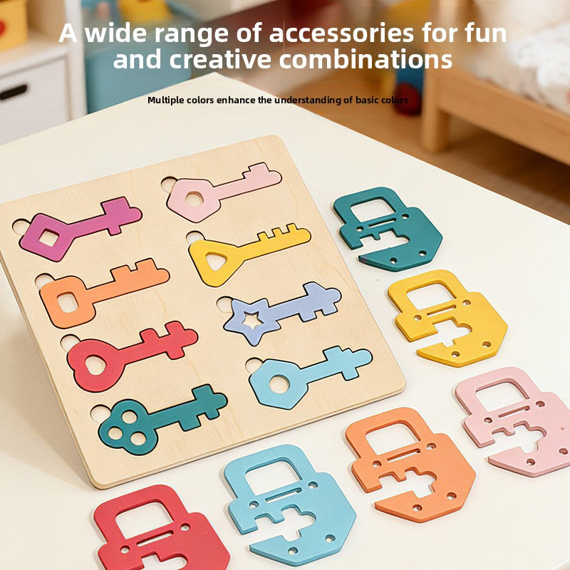 Wooden Lock and Key Matching Puzzle
