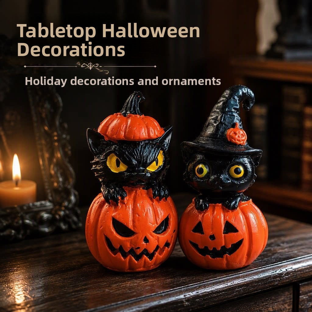 Halloween Witch & Pumpkin Hat Cat Figurines