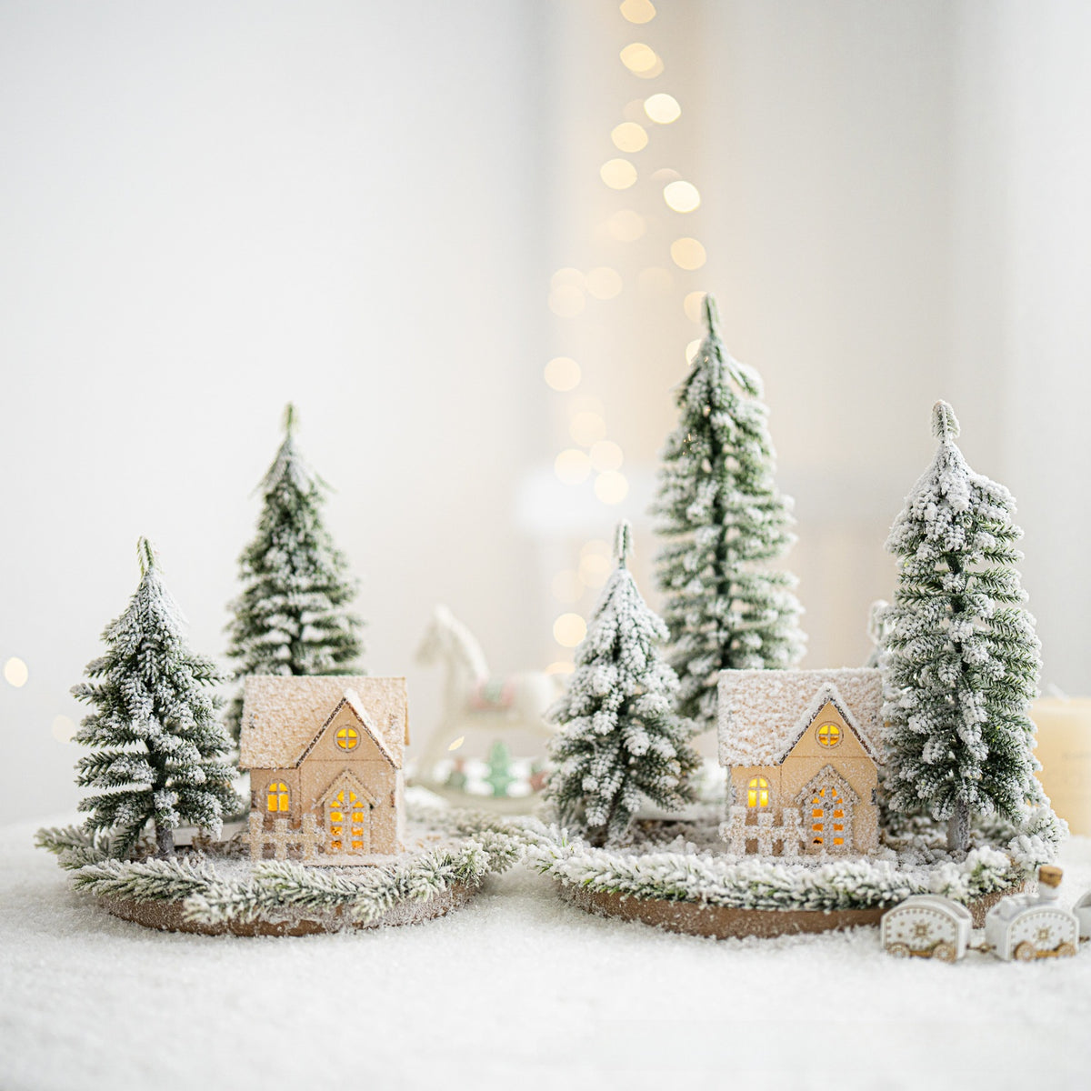 Flocked Christmas Tree Village Set with LED Lights
