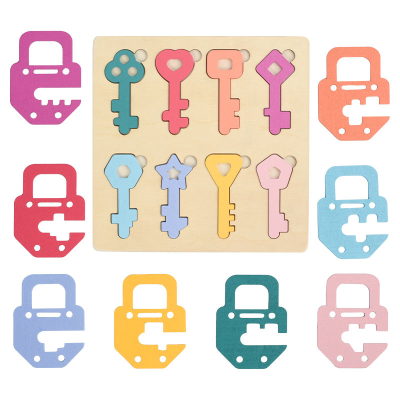 Wooden Lock and Key Matching Puzzle