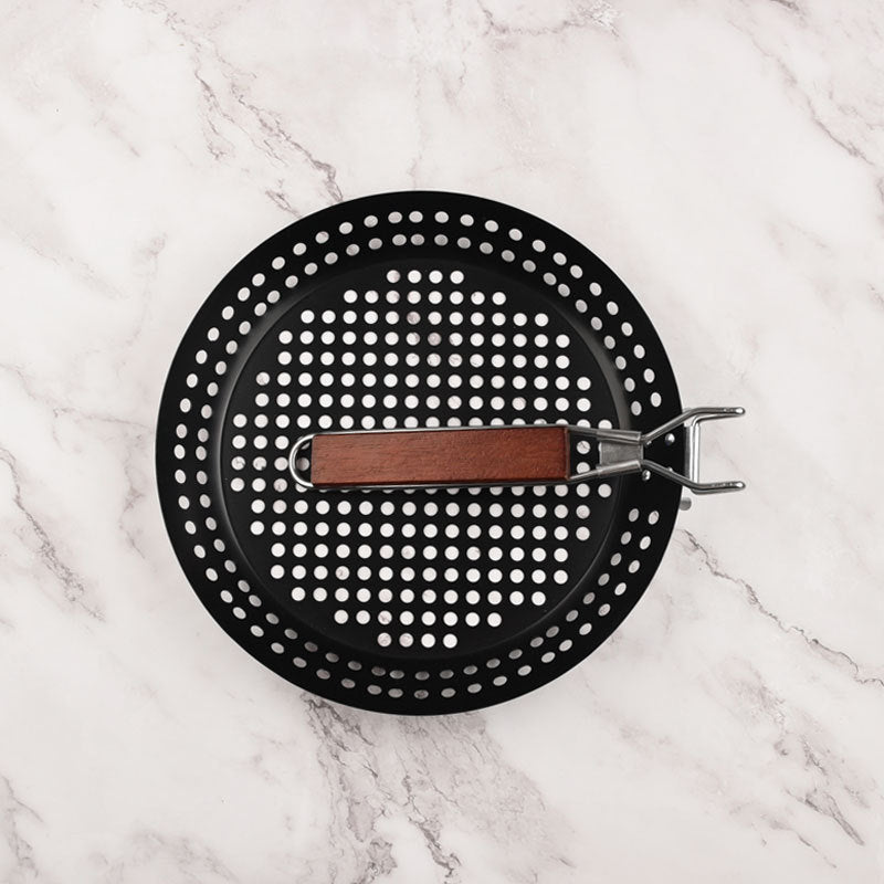 Round Grill Pan with Folding Wooden Handle