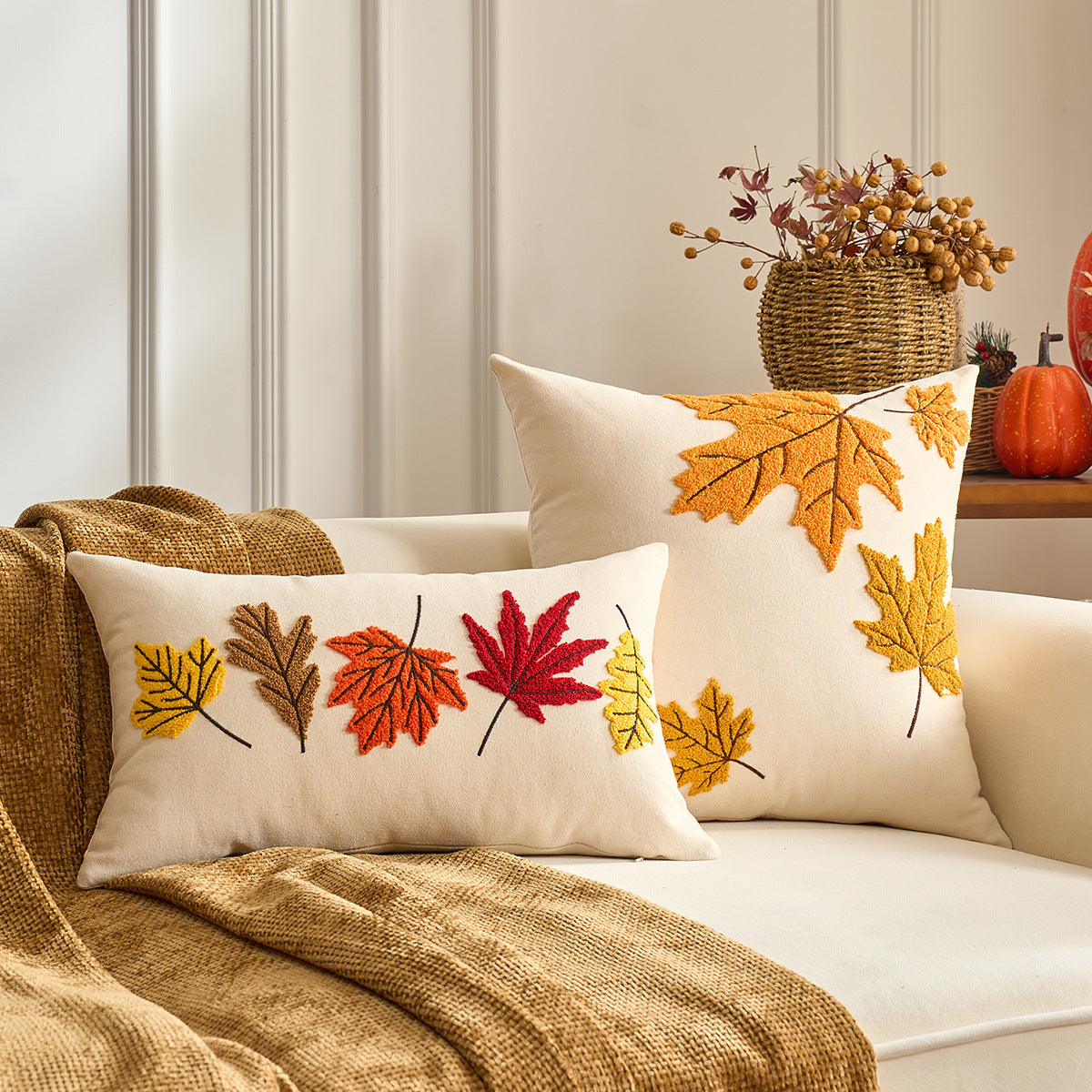 Autumn Pumpkin & Maple Leaf Pillow Covers