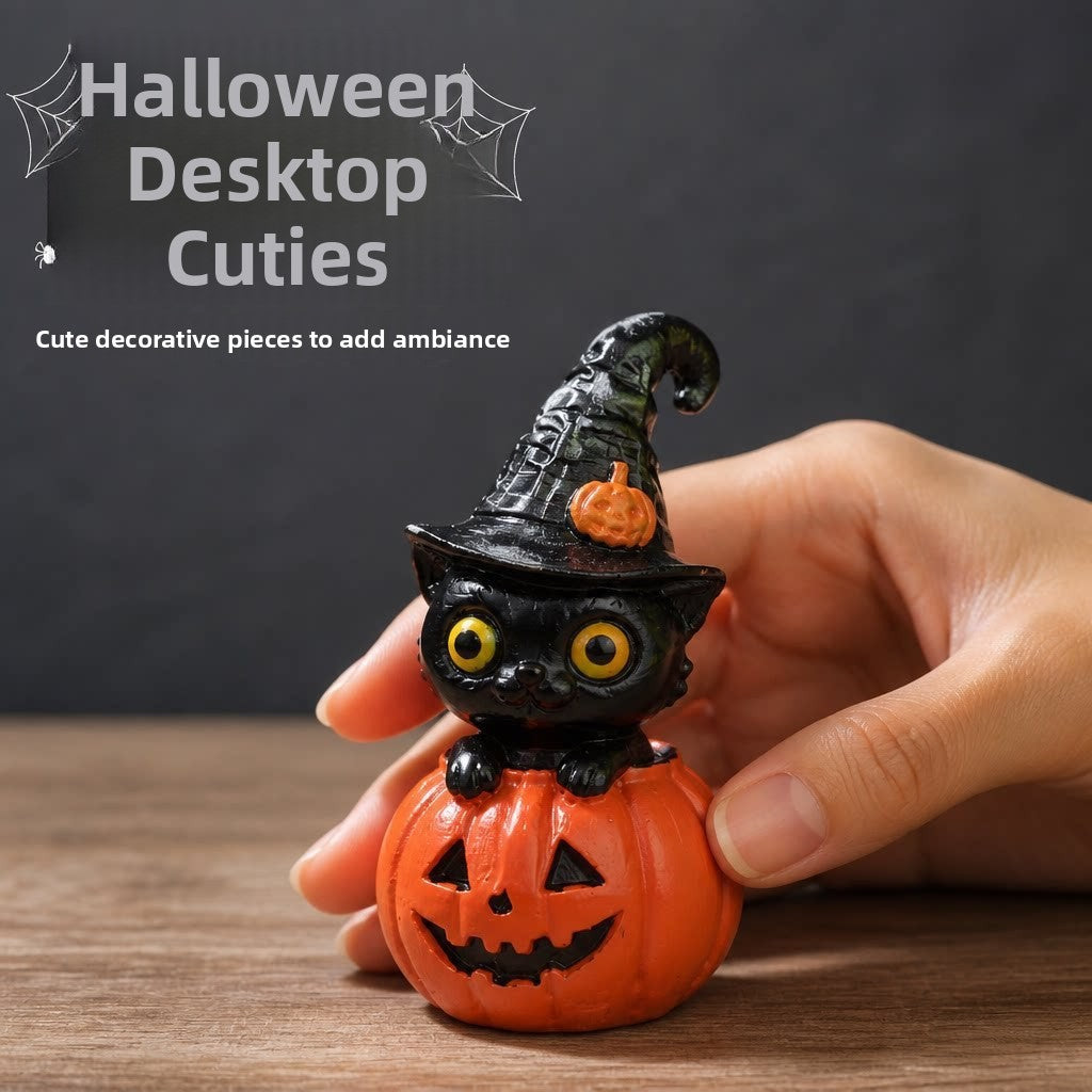 Halloween Witch & Pumpkin Hat Cat Figurines