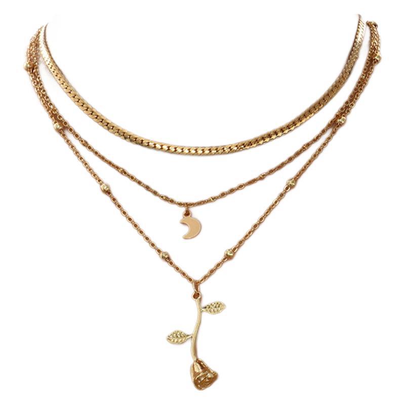 Layered Rose and Moon Necklace