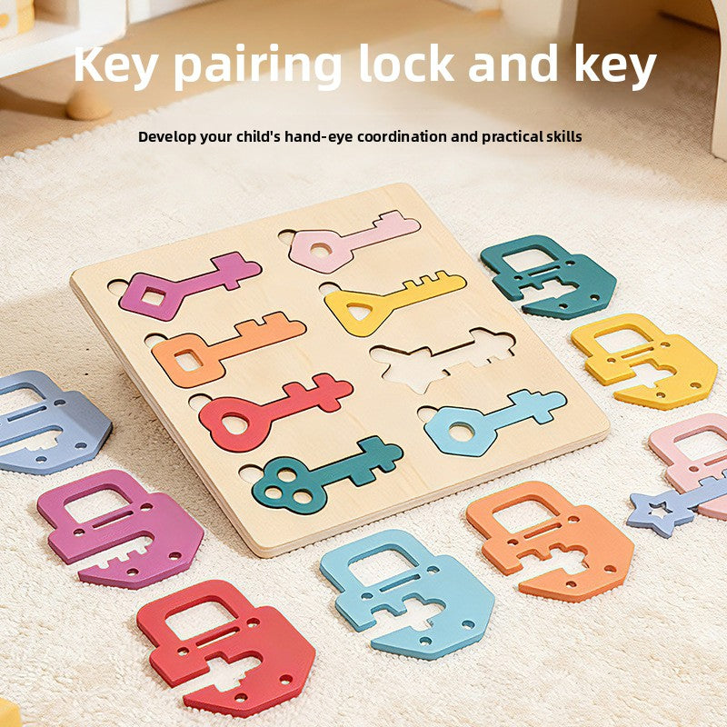 Wooden Lock and Key Matching Puzzle